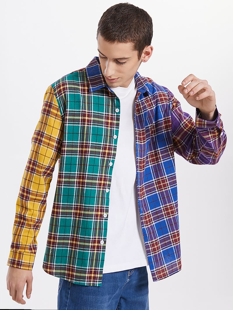 Herre Plaid Patchwork Button Up Lapel Casual Langærmede Skjorter