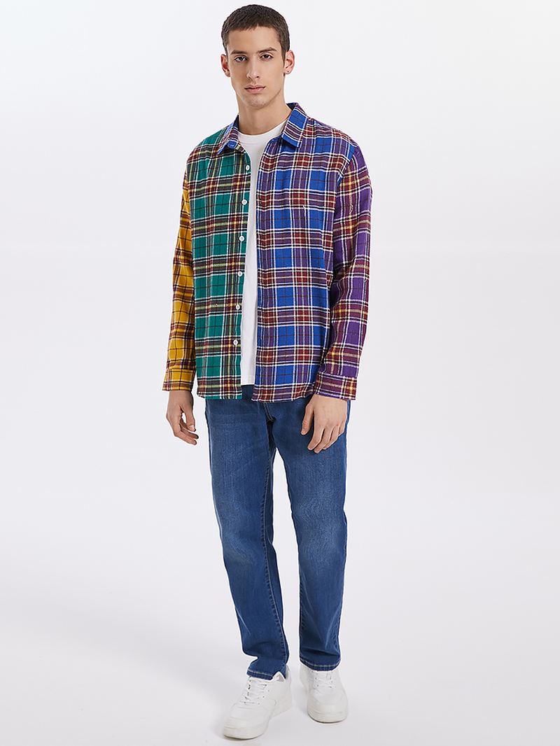 Herre Plaid Patchwork Button Up Lapel Casual Langærmede Skjorter