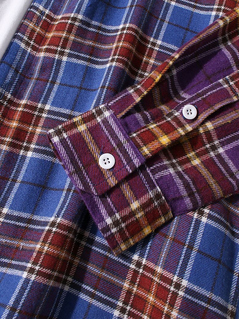 Herre Plaid Patchwork Button Up Lapel Casual Langærmede Skjorter