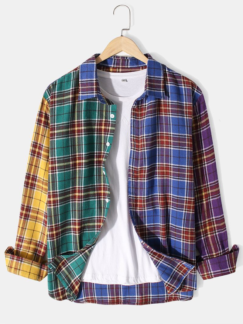 Herre Plaid Patchwork Button Up Lapel Casual Langærmede Skjorter