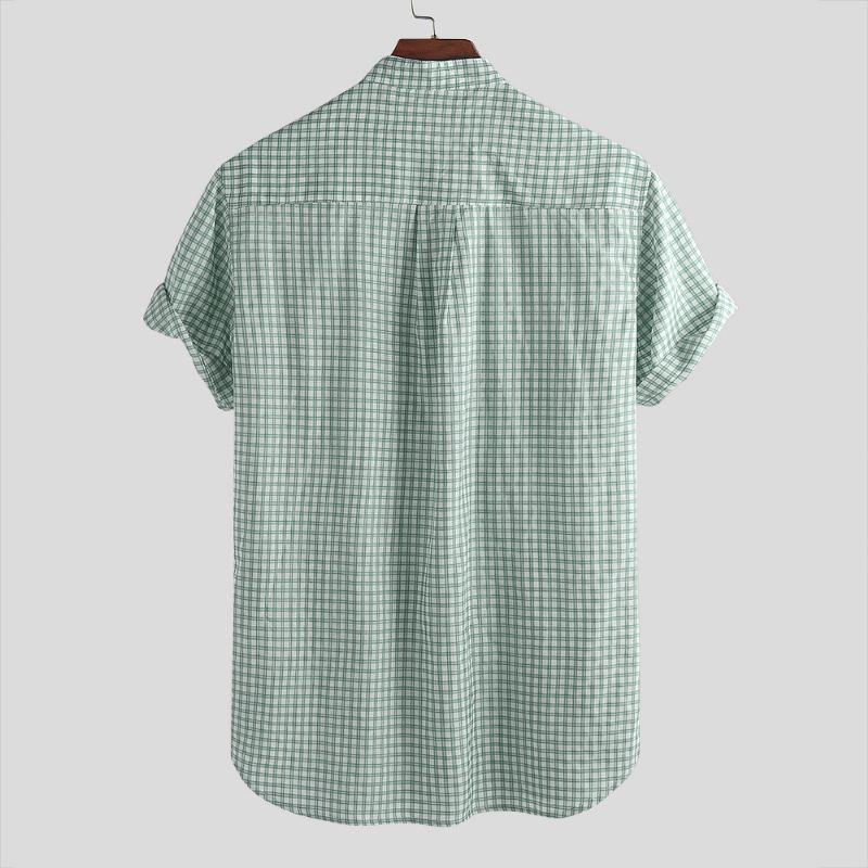 Herre Plaid Stand Krave Kortærmet Runde Hem Casual Løse Skjorter