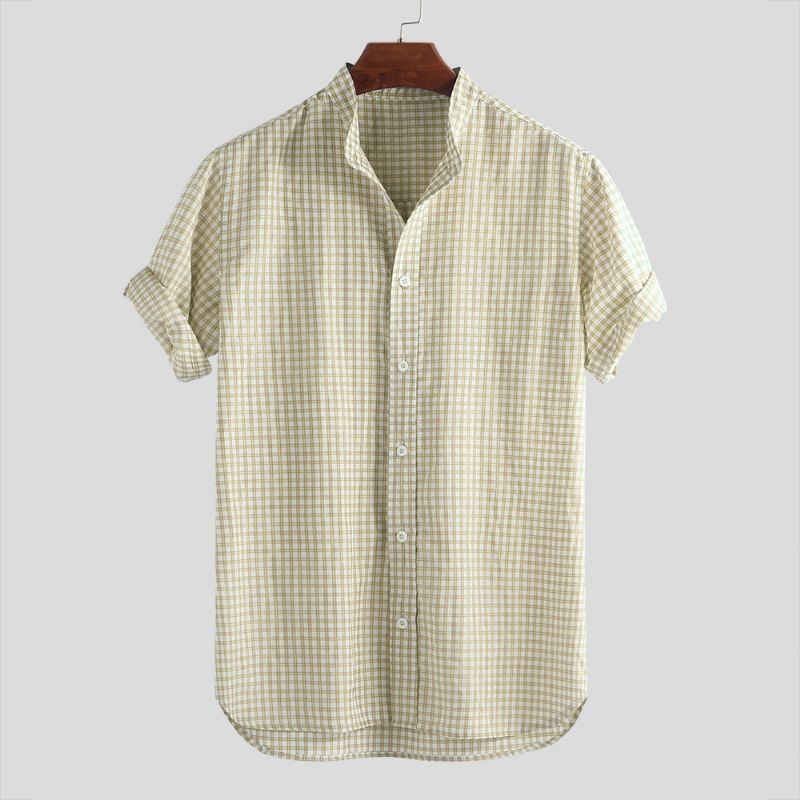 Herre Plaid Stand Krave Kortærmet Runde Hem Casual Løse Skjorter