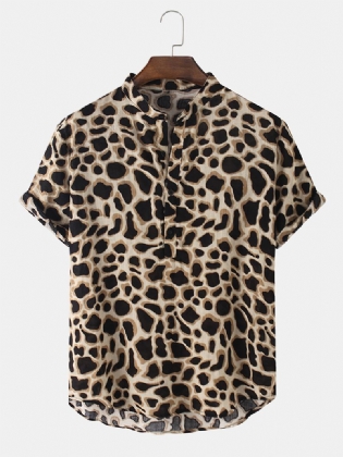 Herre Skjorter Med Korte Ærmer I Leopardtryk Med Henley-krave