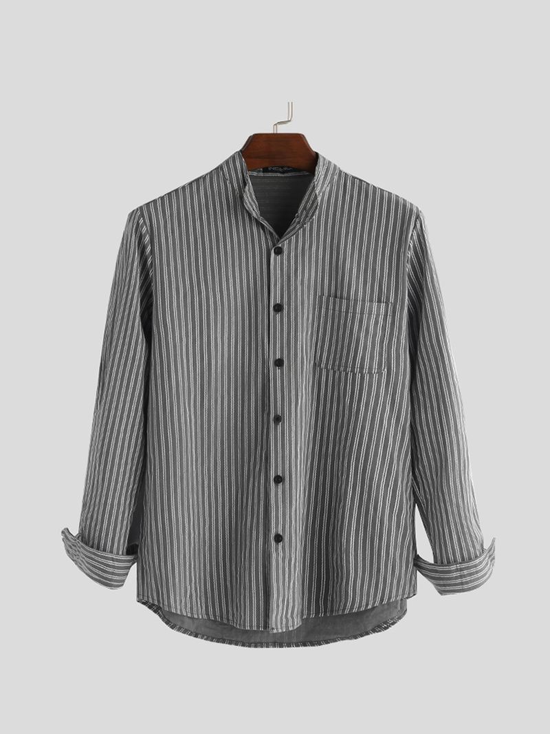 Herre Skjorter Uden Krave Vintage Stribet Skjorte Bedstefar Button Down Linned Løs Top