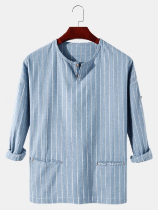 Herre Stripe Halv Åben Krave Dobbelt Pocket Casual Henley Skjorter