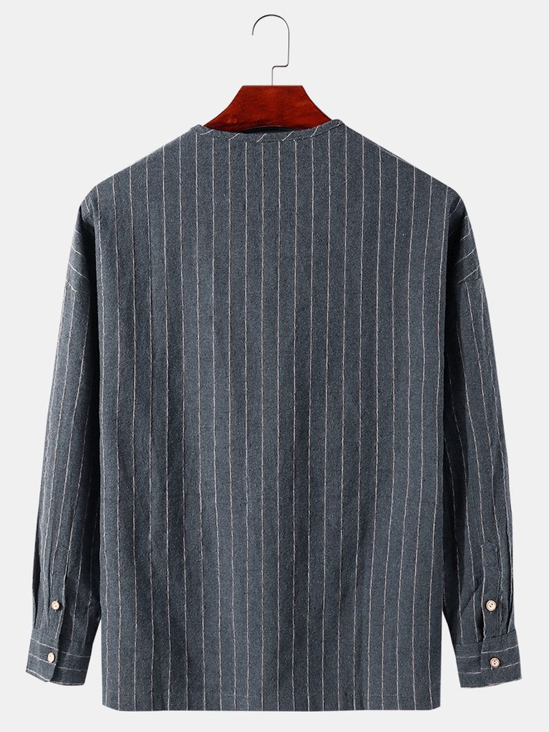 Herre Stripe Halv Åben Krave Dobbelt Pocket Casual Henley Skjorter