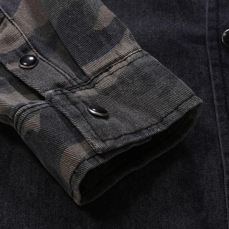 Herre Vintage Denim Patchwork Langærmede Fritidsskjorter