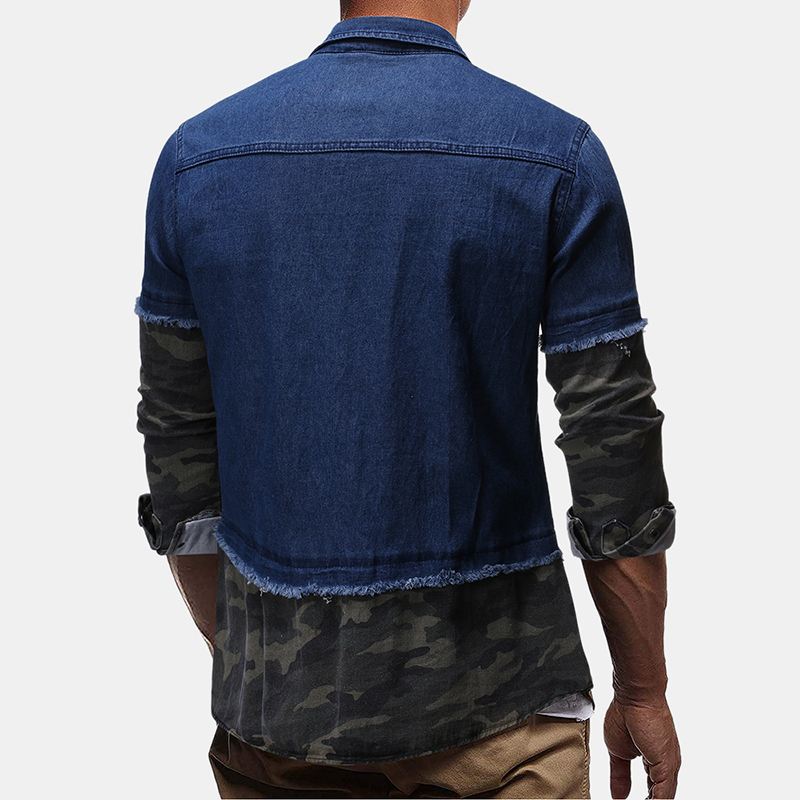Herre Vintage Denim Patchwork Langærmede Fritidsskjorter