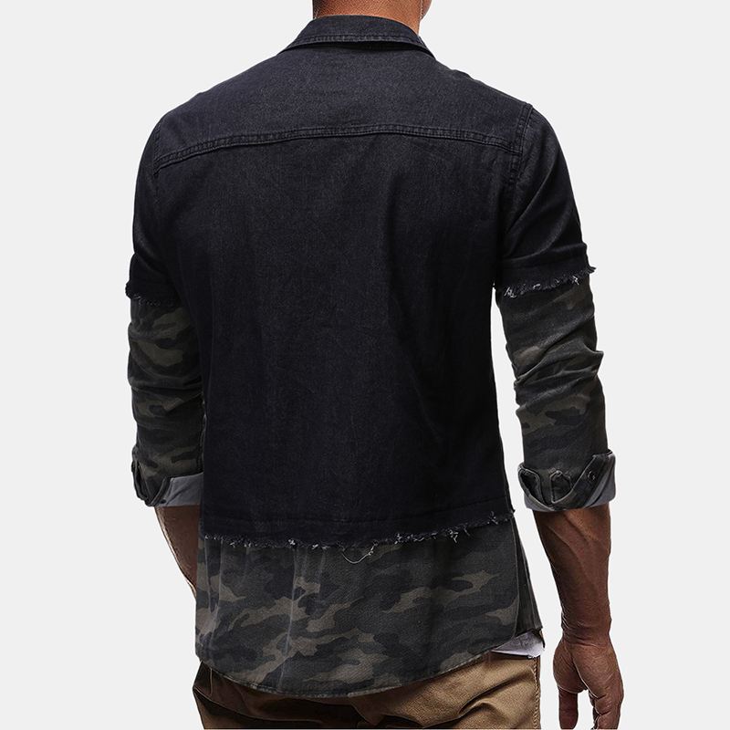 Herre Vintage Denim Patchwork Langærmede Fritidsskjorter