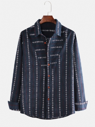 Herre Vintage Mode Stribet Trykning Løse Langærmede Fritidsskjorter