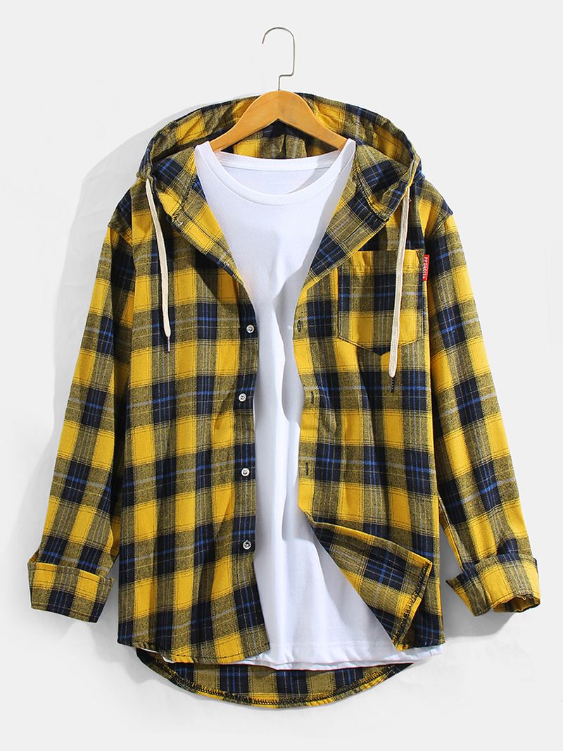 Herre Vintage Plaid Hættetrøjer Med Lange Ærmer Med Brystlomme