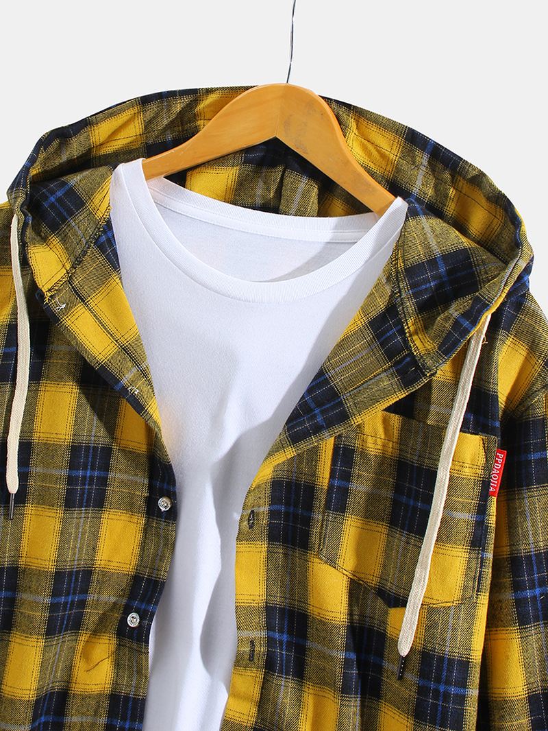 Herre Vintage Plaid Hættetrøjer Med Lange Ærmer Med Brystlomme