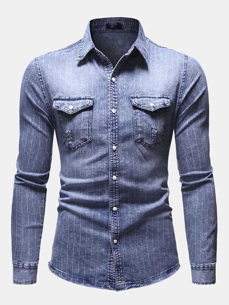 Herre Vintage Stribe Dobbeltlommer Denim Langærmede Fritidsskjorter