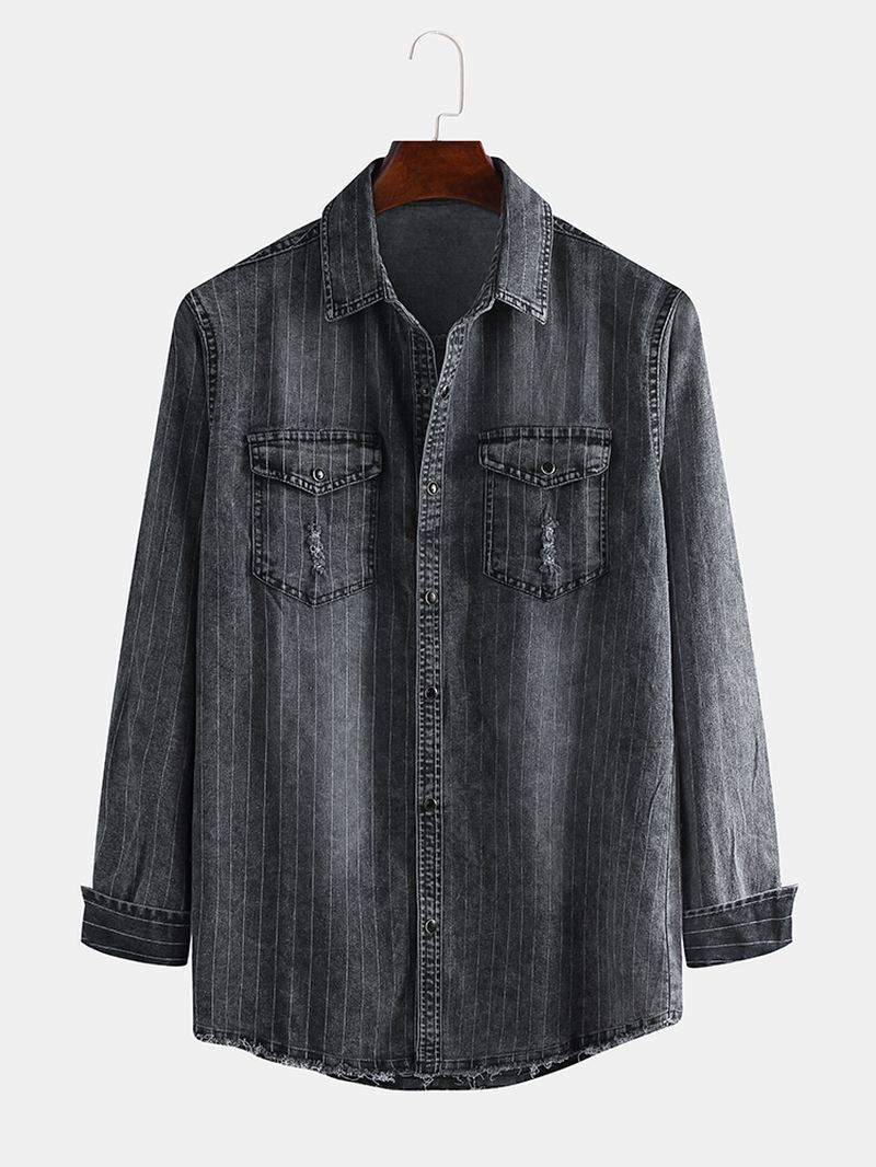 Herre Vintage Stribe Dobbeltlommer Denim Langærmede Fritidsskjorter