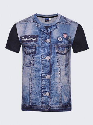 Herremode Kreativ 3d-denimjakke Med Trykte T-shirts Casual O-hals Kortærmede Toppe T-shirts