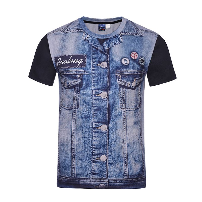 Herremode Kreativ 3d-denimjakke Med Trykte T-shirts Casual O-hals Kortærmede Toppe T-shirts
