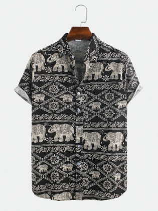 Kortærmede Fritidsskjorter Med Etnisk Elefanttryk Til Mænd