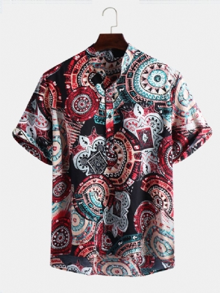 Kortærmede Henley-skjorter Med Vintage Mønstertryk Til Mænd