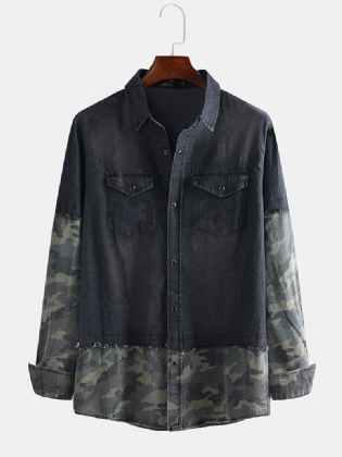 Langærmede Camouflagesømme Til Mænd Personlighedstrend Denimskjorter Med Dobbelt Lomme