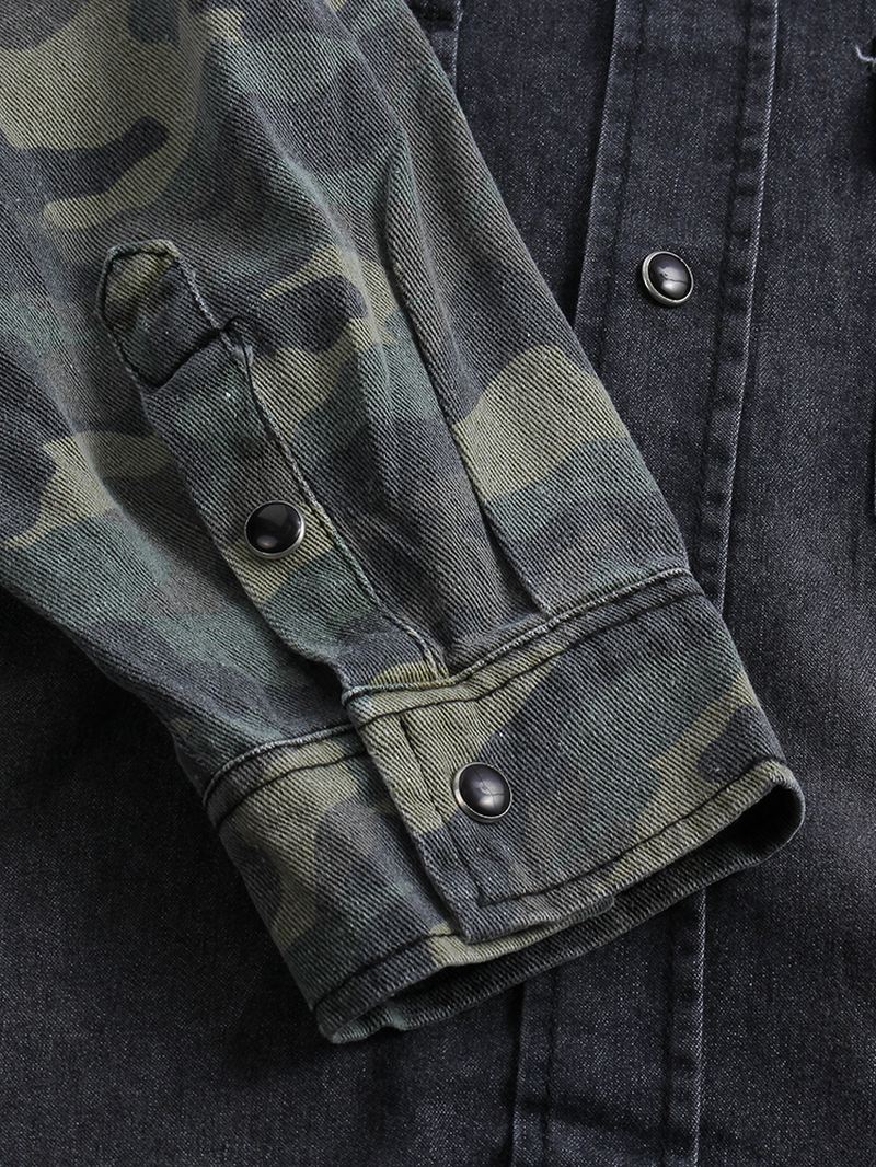 Langærmede Camouflagesømme Til Mænd Personlighedstrend Denimskjorter Med Dobbelt Lomme