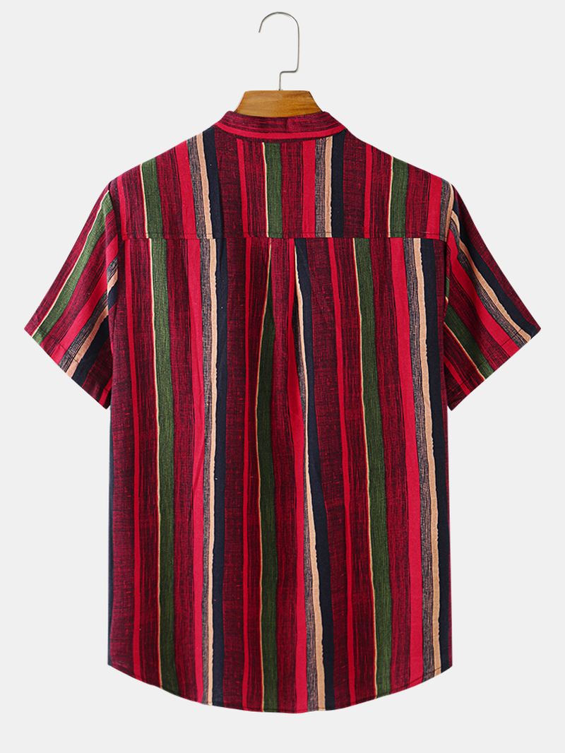 Lodrette Striber Ståkrave Hawaii Casual Kortærmede Henley-skjorter Til Mænd