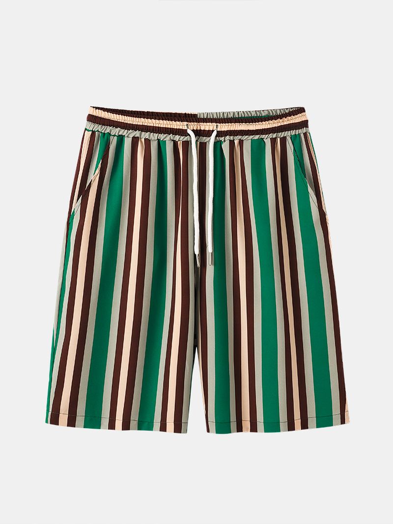 Lodrette Striber Til Mænd Med Tryk På Revers Med Korte Ærmer Afslappet Ferie-to-delt Outfits