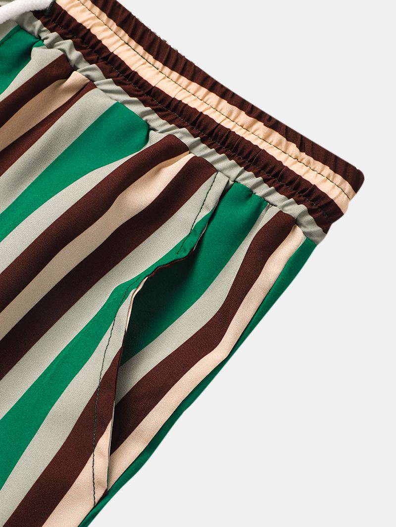Lodrette Striber Til Mænd Med Tryk På Revers Med Korte Ærmer Afslappet Ferie-to-delt Outfits