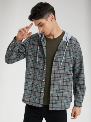 Mænd Casual Plaid Button Up Hættesnor Casual Skjorter