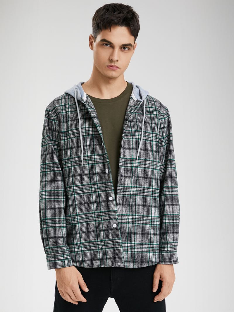 Mænd Casual Plaid Button Up Hættesnor Casual Skjorter