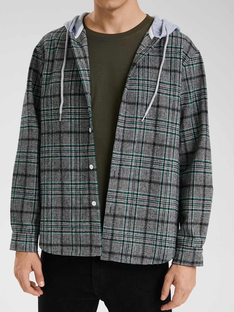 Mænd Casual Plaid Button Up Hættesnor Casual Skjorter