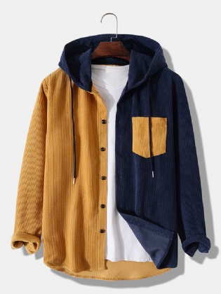 Mænd Patchwork Corduroy Farveblok Brystlomme Knap Hætteskjorter
