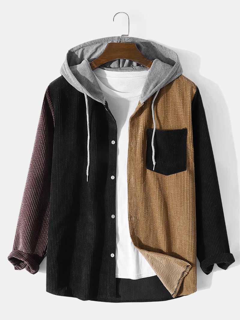 Mænd Patchwork Farveblok Hætteskjorter Med Brystlommeknap