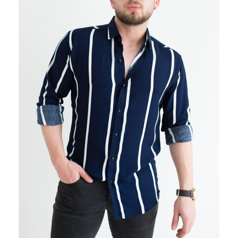 Mænds Printet Stribet Revers Business Casual Skjorte