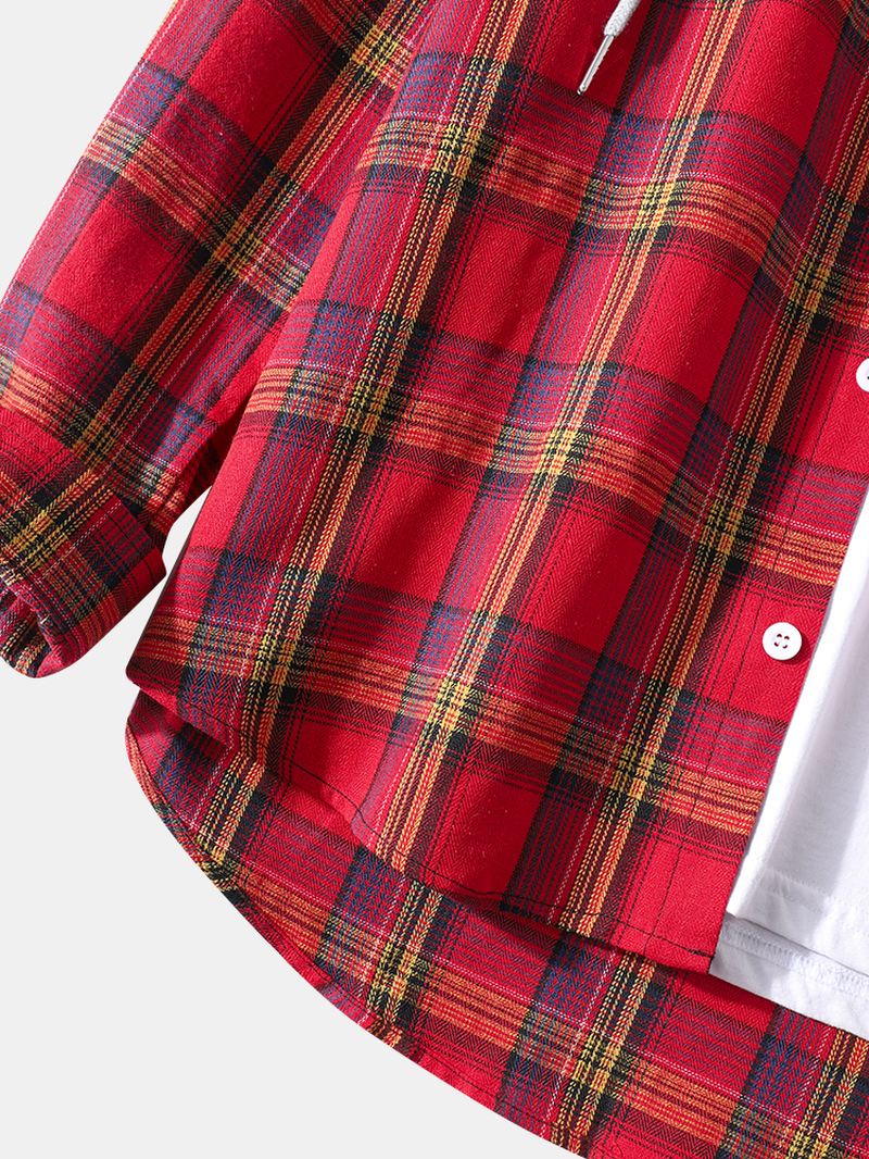 Plaidprint Patchwotk Hættetrøjer Med Buet Kant Og Lange Ærmer Til Mænd