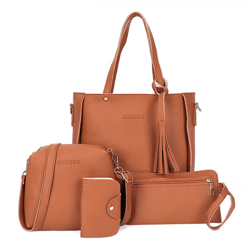 4 Stk Kvinder Pu Læder Håndtaske Kvast Fritid Crossbody Taske Solid Skuldertaske