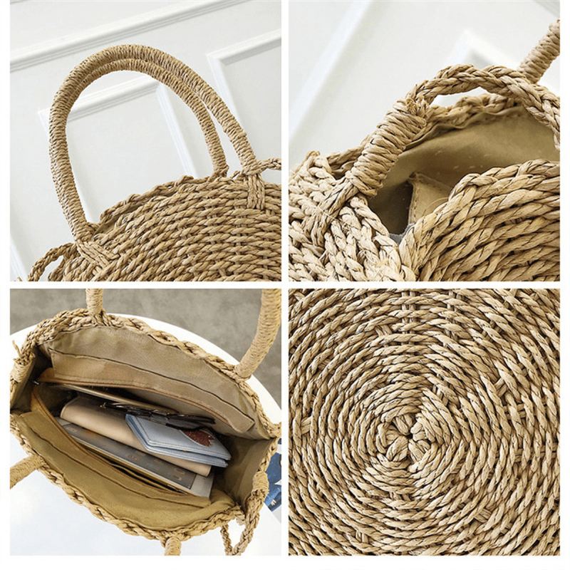 Bohemia Rattan Straw Bag Dame Straw Håndtaske Rund Strand 110cm Længde Polyester