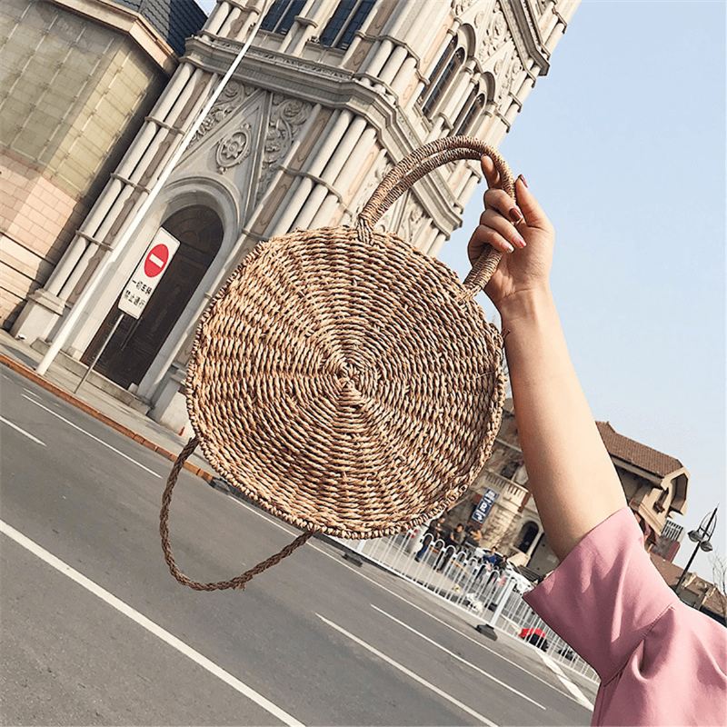 Bohemia Rattan Straw Bag Dame Straw Håndtaske Rund Strand 110cm Længde Polyester