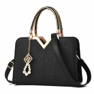 Elegant Kvinder Golden Top Håndtag Satchel Håndtaske Tote Pung Skuldertaske Med Perle Vedhæng