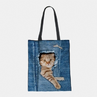 Kvinder Canvas Breaking Hole Denim 3d Sød Kat Hundemønster Casual Outdoor Håndtaske Skuldertaske Tote