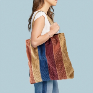 Kvinder Corduroy Farvet Stribet Frontlomme Tote Stor Kapacitet Vintage Skuldertaske Håndtaske