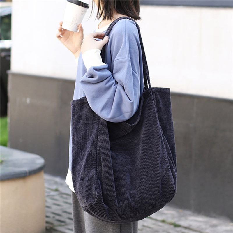 Kvinder Corduroy Vintage Stor-capacity Shopping Bag Skuldertaske Håndtaske
