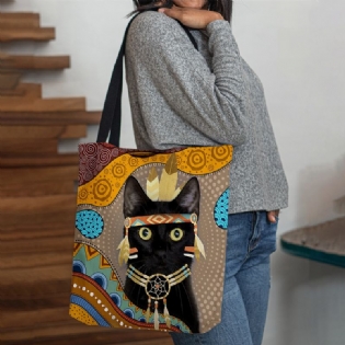 Kvinder Følte Sød Tegneserie Egyptisk Klædt Sort Kat Mønster Skuldertaske Håndtaske Tote