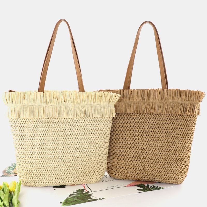Kvinder Halm Stor Kapacitet Casual Retro Åndbar Beach Bag Håndtaske Skuldertaske
