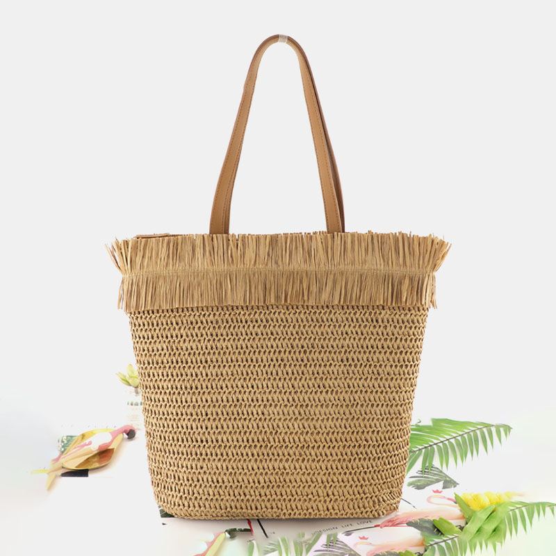 Kvinder Halm Stor Kapacitet Casual Retro Åndbar Beach Bag Håndtaske Skuldertaske