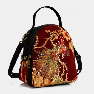 Kvinder Lærred Etnisk Stil Broderi Påfuglemønster Pailletter Mini Multi-carry Håndtaske Crossbody Taske