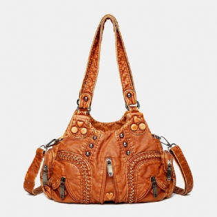 Kvinder Pu-læder Ensfarvet Stor Kapacitet Retro Mode Tote Håndtasker Crossbody-tasker