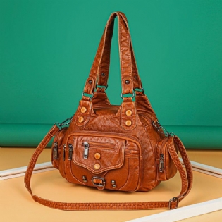Kvinder Pu Læder Stor Kapacitet Multi-pocket Nitte Dekoration Retro Blød Tote Håndtasker Crossbody Tasker