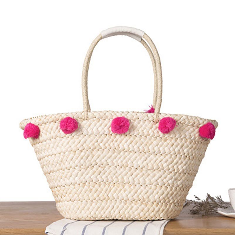 Kvinder Vævet Halm Strand Håndtaske Rejse Plys Ball Bag Tote Bag