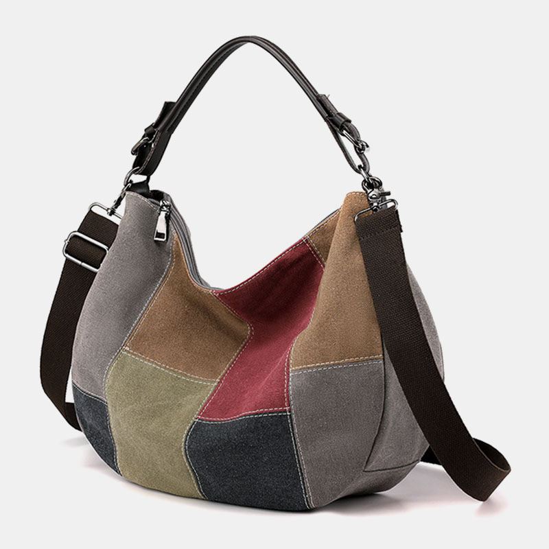 Kvinder Vintage Stor Kapacitet Farve Matchende Lærred Håndtaske Crossbody Taske Casual Skuldertaske