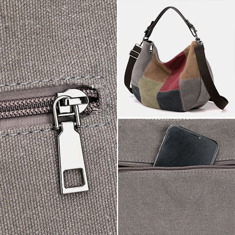 Kvinder Vintage Stor Kapacitet Farve Matchende Lærred Håndtaske Crossbody Taske Casual Skuldertaske
